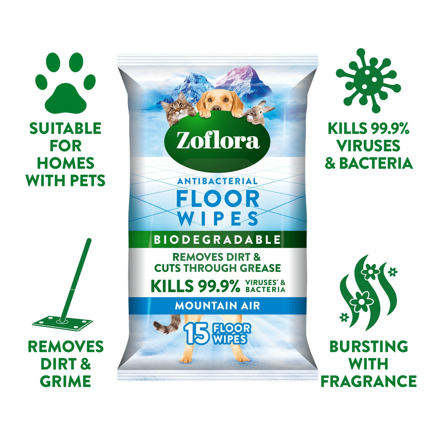 x3 Zoflora Mountain Air Antibacterial Floor Wipes (Pet Friendly)